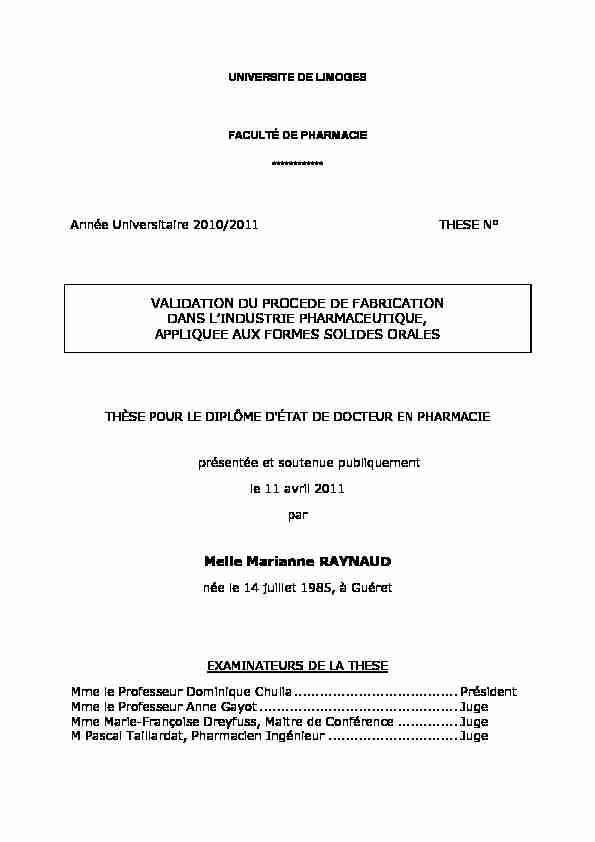[PDF] Validation du procédé de fabrication dans l  - Aurore - Unilim