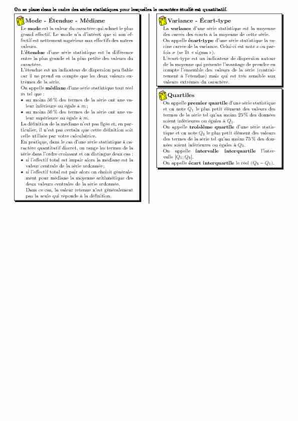 [PDF] Mode - Étendue - Médiane Variance - Écart-type Quartiles