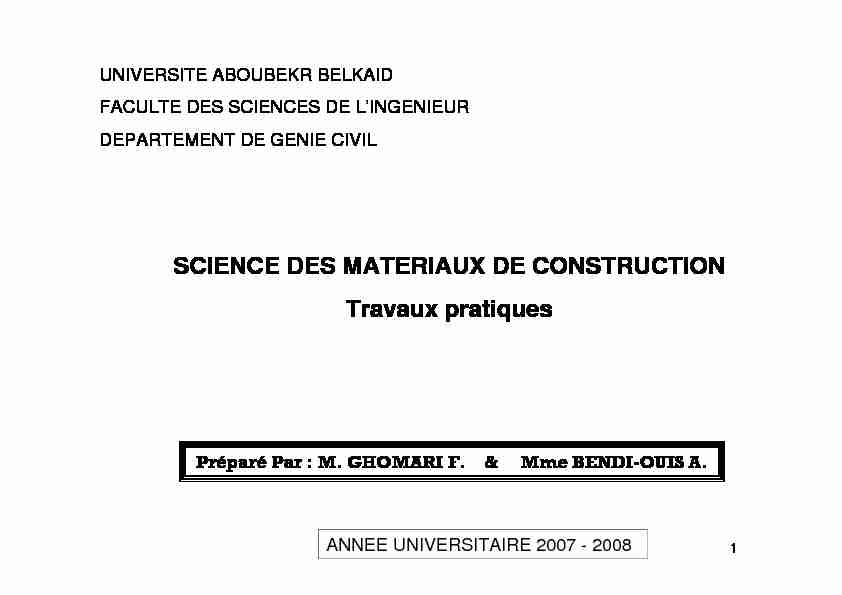 SCIENCE DES MATERIAUX DE CONSTRUCTION Travaux pratiques