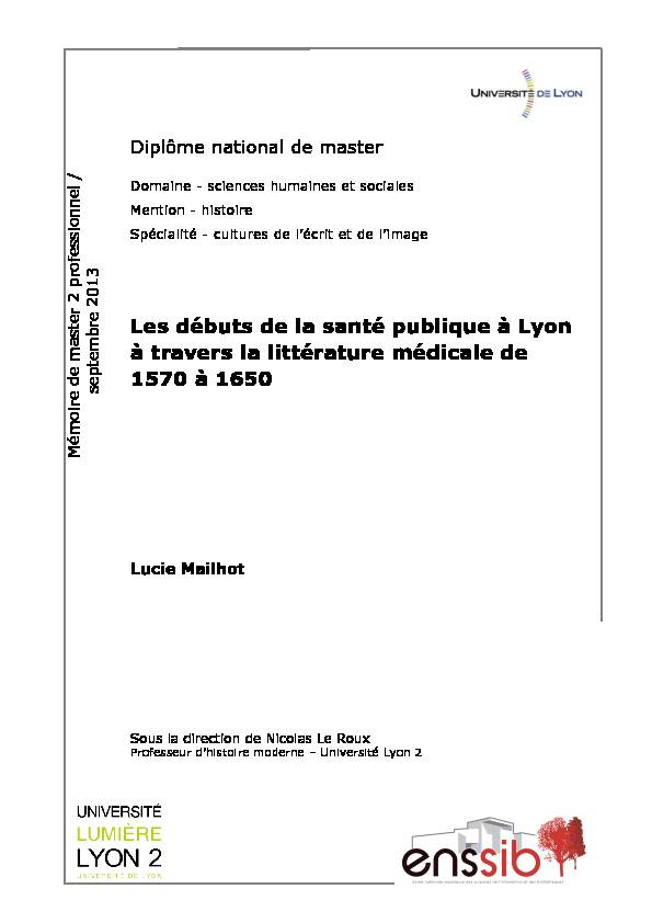 [PDF] Les débuts de la santé publique à Lyon à travers la  - Enssib