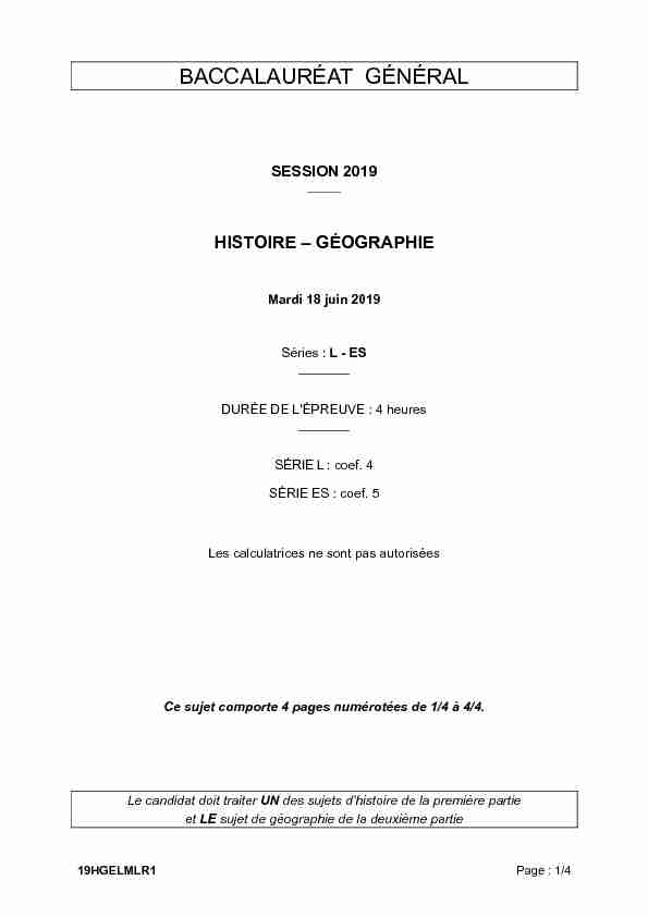 Sujet du bac ES-L Histoire-Géographie 2019 - Métropole