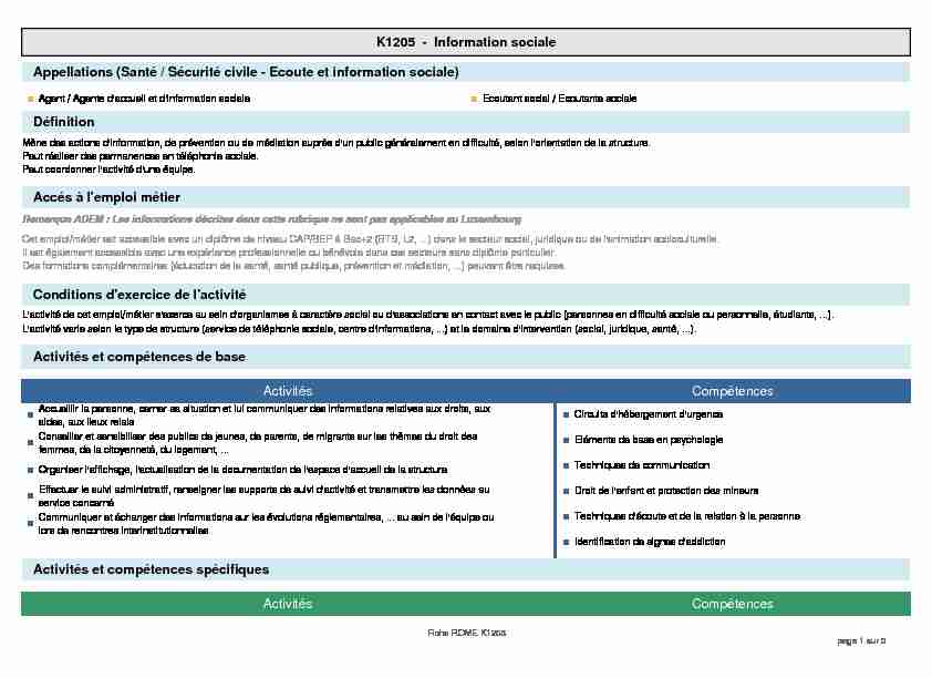 K1205 - Information sociale Appellations (Santé / Sécurité civile