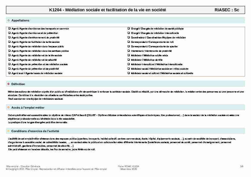 Fiche métier - K1204 - Médiation sociale et facilitation de la vie en