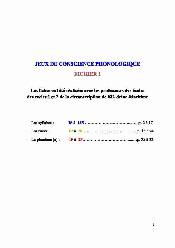 JEUX DE CONSCIENCE PHONOLOGIQUE FICHIER 1