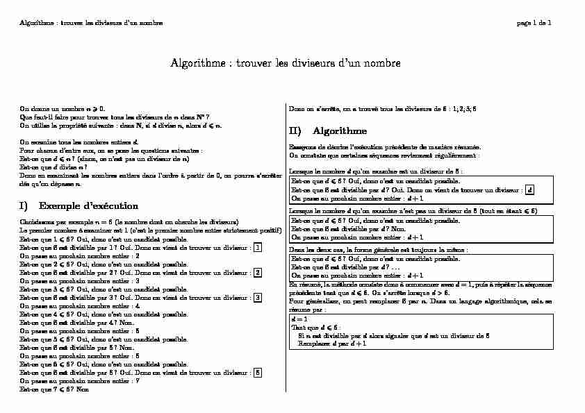 [PDF] Algorithme : trouver les diviseurs dun nombre