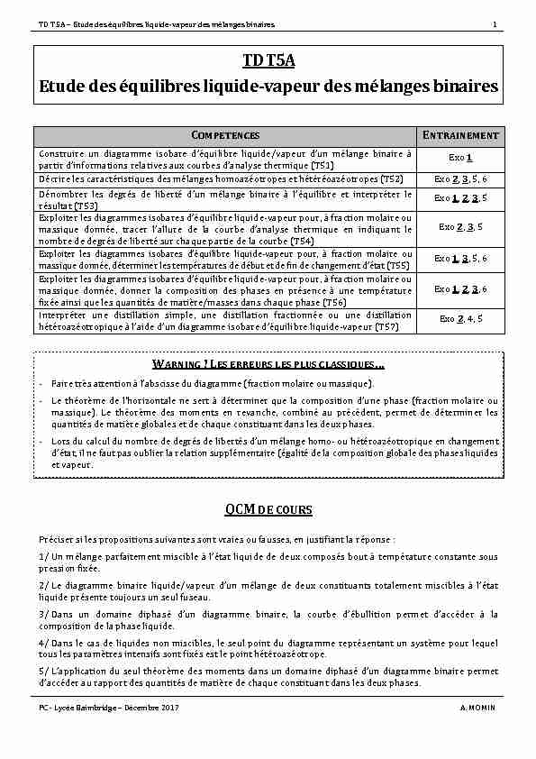 [PDF] TD T5A Etude des équilibres liquide-vapeur des  - AlloSchool