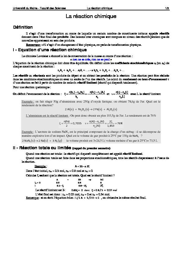 Reaction chimique - Thermodynamique - Cinétique