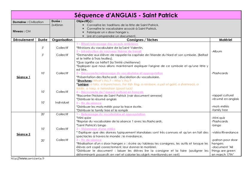 [PDF] Séquence dANGLAIS - Saint Patrick  Cenicienta
