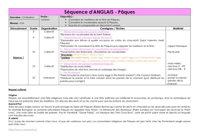 [PDF] Séquence dANGLAIS - Pâques - Cenicienta
