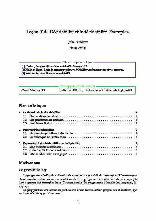 [PDF] Leçon 914 : Décidabilité et indécidabilité Exemples