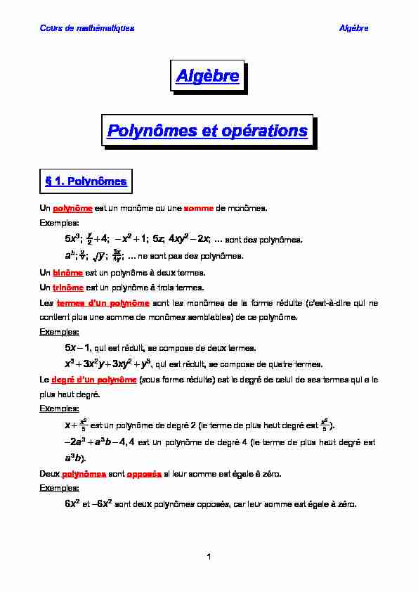 [PDF] Algèbre Polynômes et opérations - Permamath