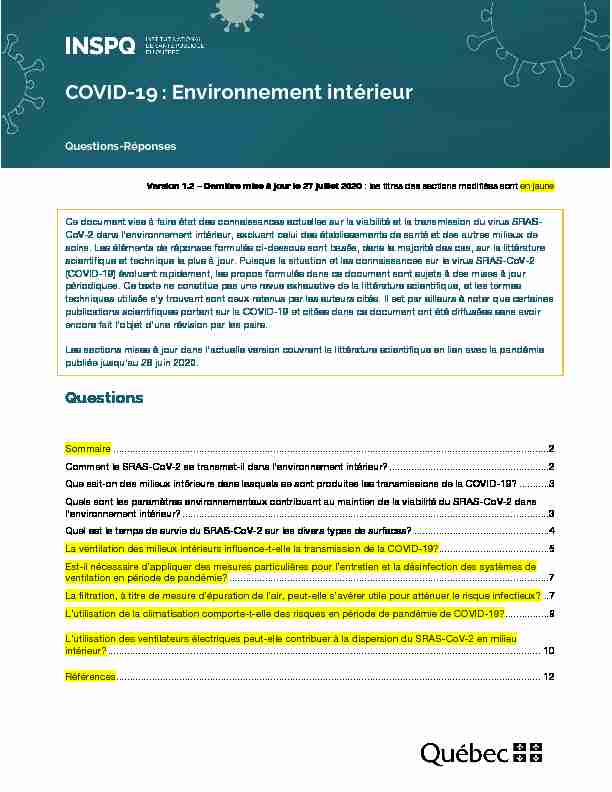 COVID-19 : Environnement intérieur - Questions-réponses