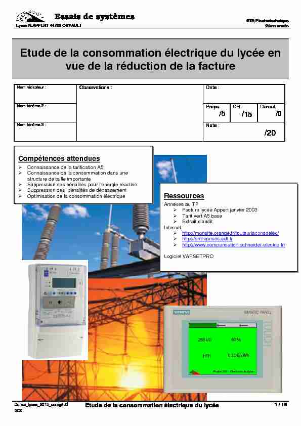 [PDF] Etude de la consommation électrique du lycée - Eduscol