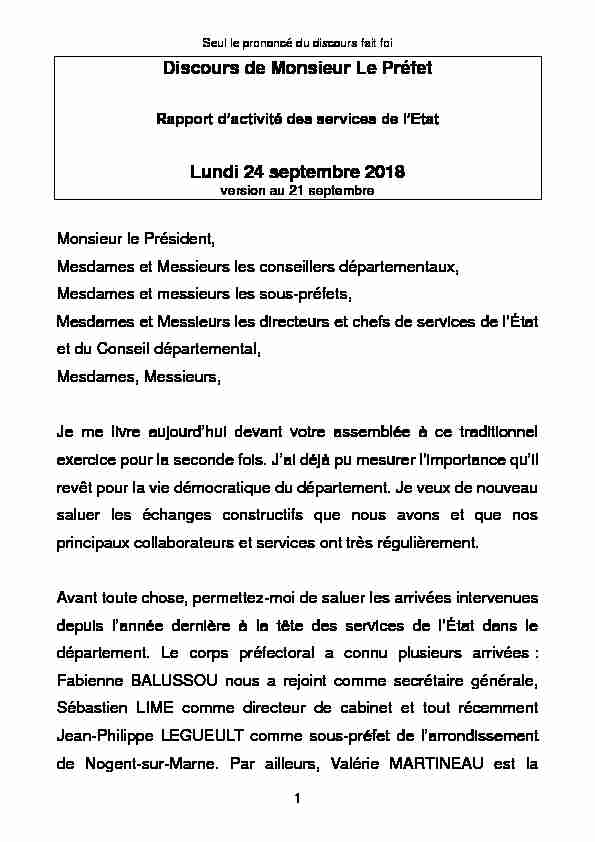 Discours de Monsieur Le Préfet Lundi 24 septembre 2018