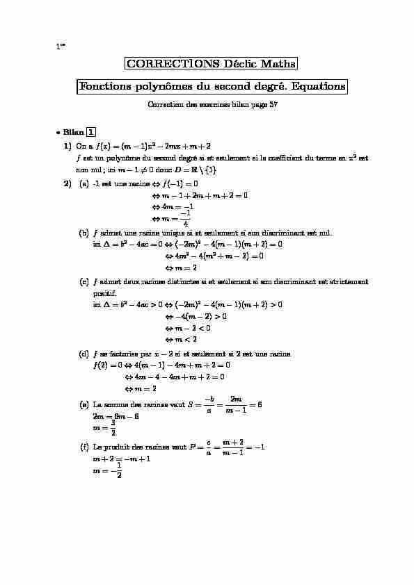 CORRECTIONS Déclic Maths Fonctions polynômes du second