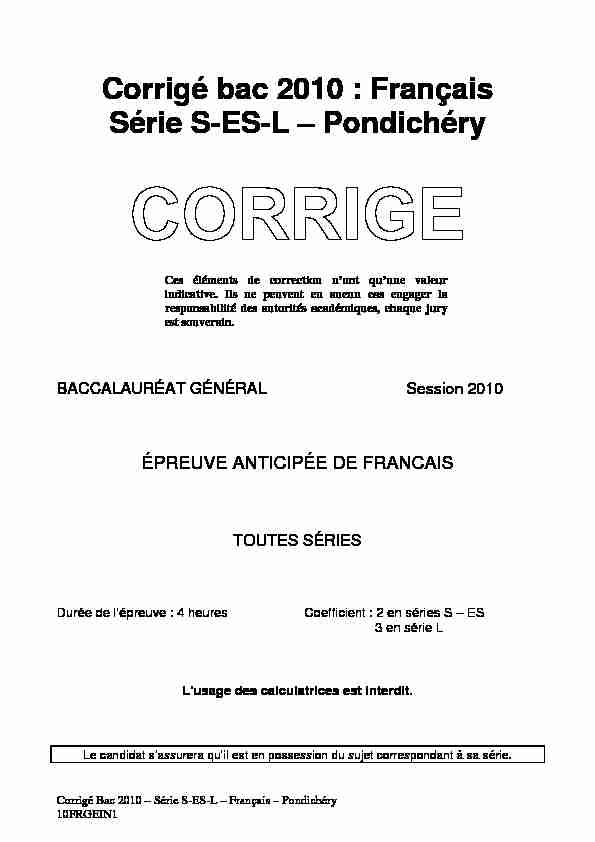 Corrigé officiel complet du bac S-ES-L Français (1ère) 2010