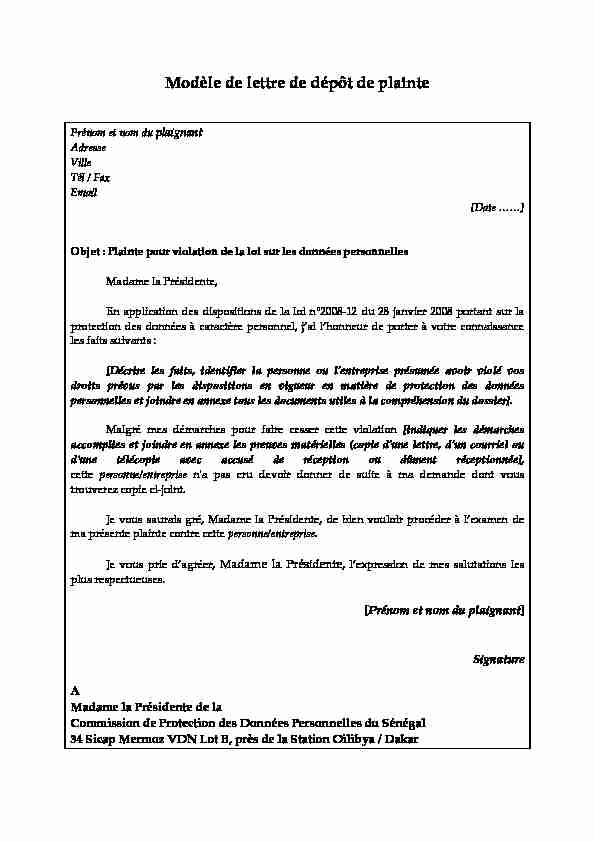 [PDF] Modèle de lettre de dépôt de plainte - CDP
