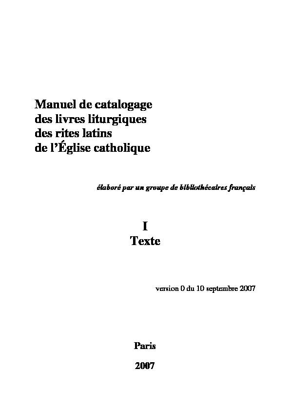 Manuel de catalogage des livres liturgiques des rites latins de l