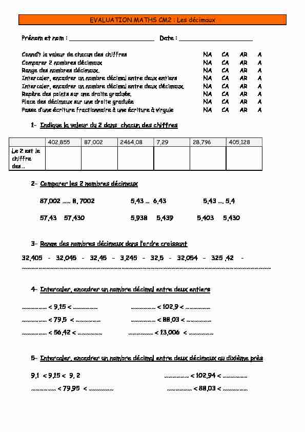 [PDF] EVALUATION MATHS CM2 : Les décimaux Prénom et nom - I Profs
