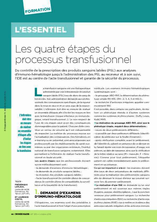 [PDF] Les quatre étapes du processus transfusionnel - Espace Infirmier