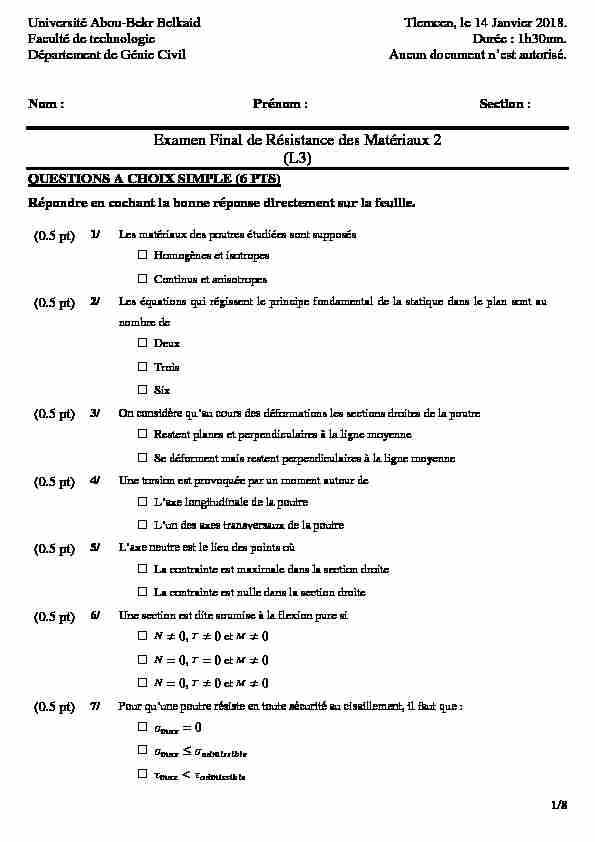Examen Final de Résistance des Matériaux 2 (L3)
