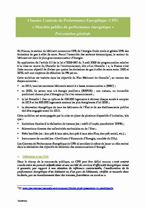 Clausier Contrats de Performance Energétique (CPE) « Marchés