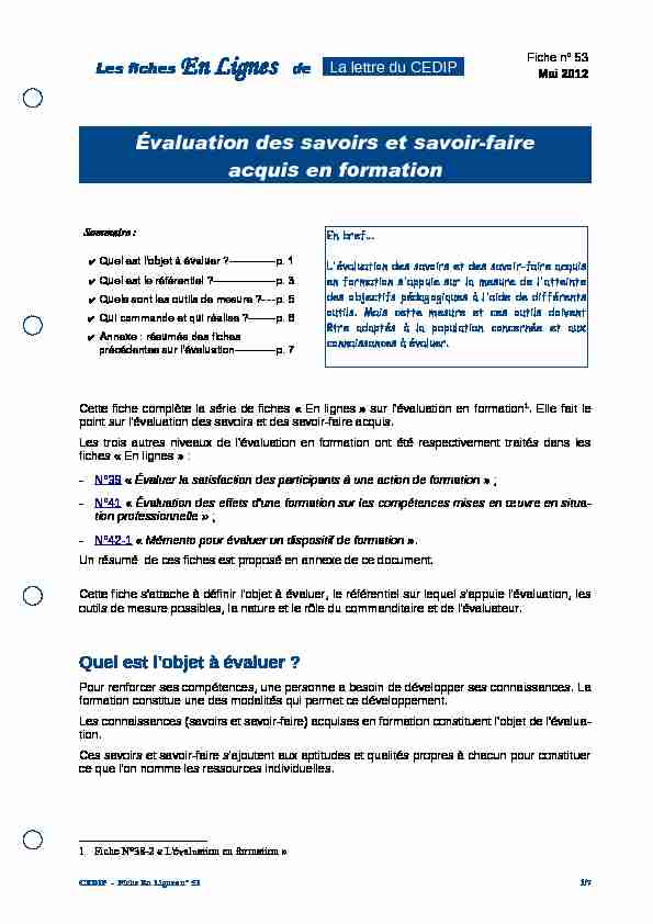 [PDF] Évaluation des savoirs et savoir-faire acquis en formation - CEDIP