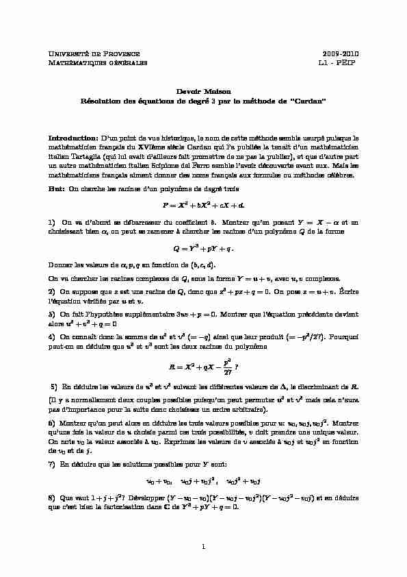 Résolution des équations de degré 3 par la méthode de “Cardan”