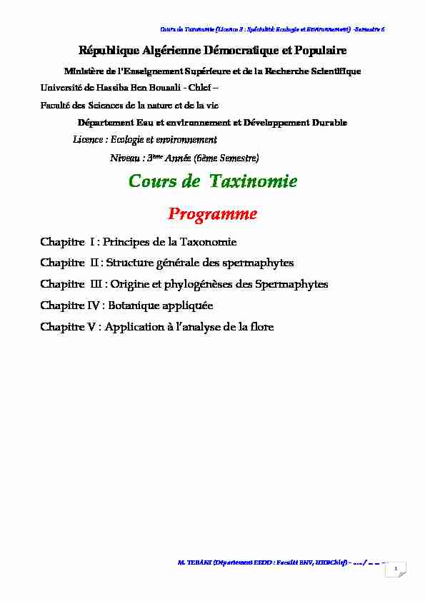 Cours de Taxonomie et Biogéographie Végétale (Licence LMD