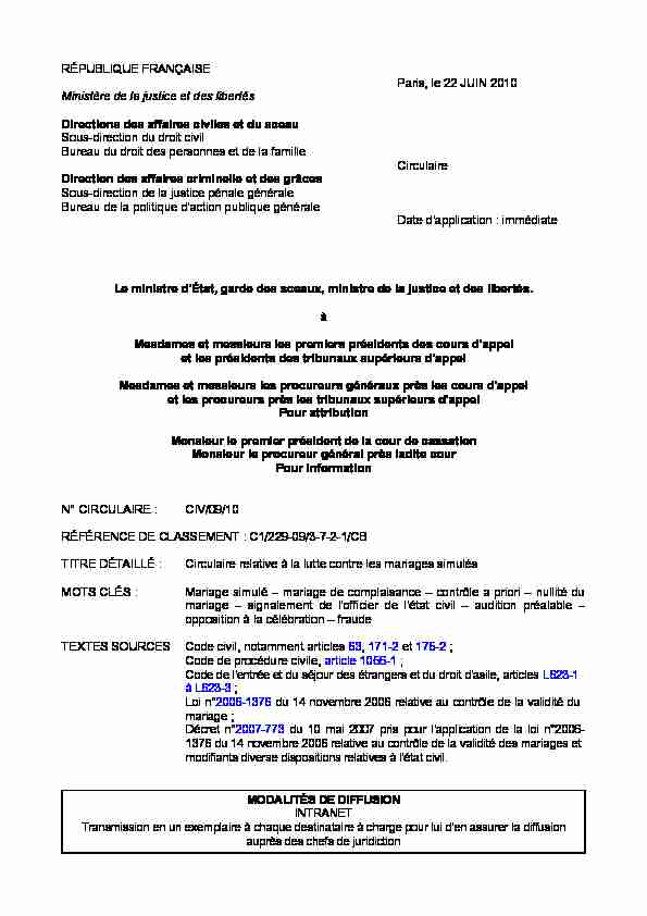 [PDF] RÉPUBLIQUE FRANÇAISE Paris, le 22 JUIN 2010 Ministère  - GISTI