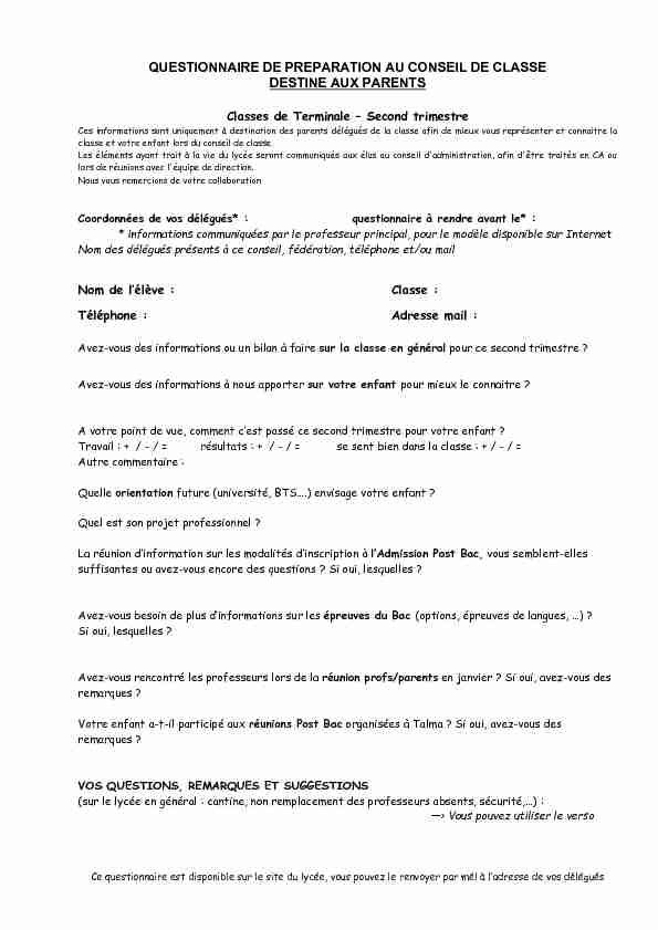 [PDF] QUESTIONNAIRE DE PREPARATION AU CONSEIL  - Lycée Talma