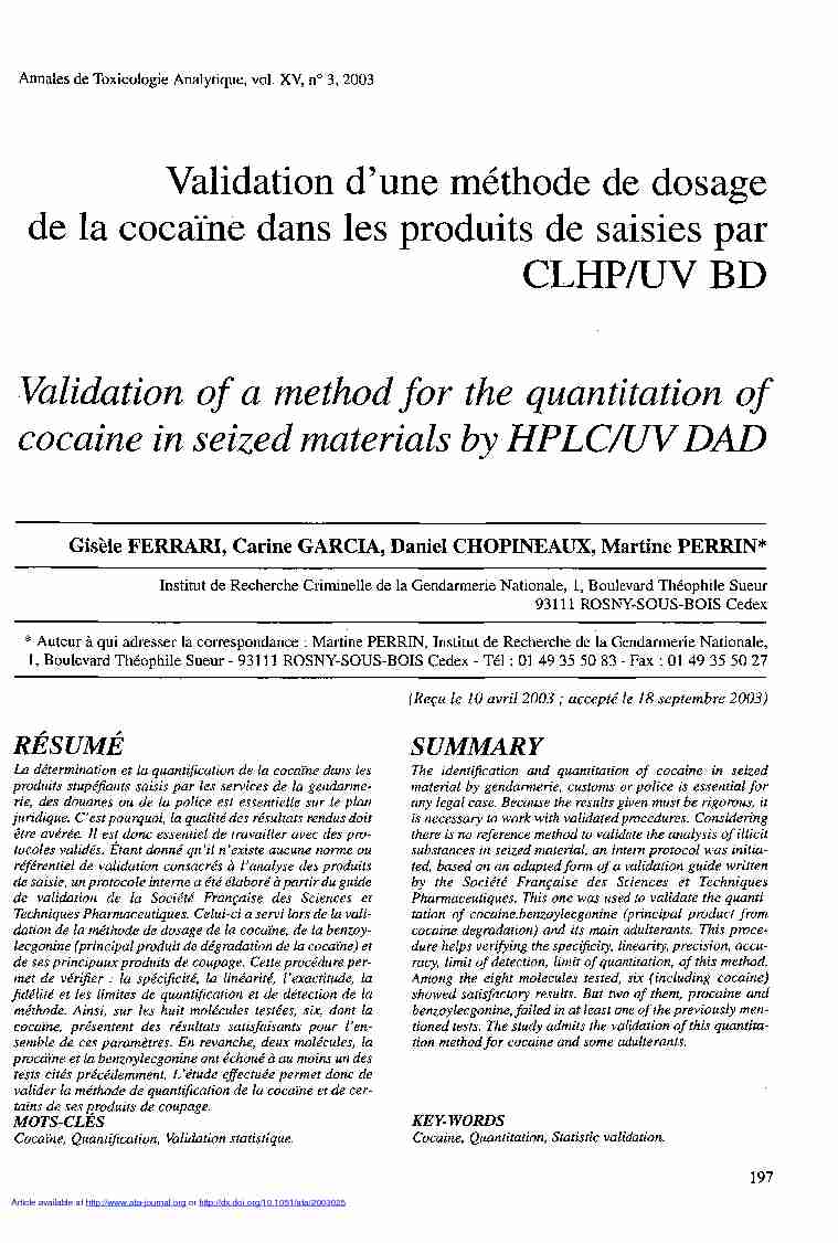 Validation dune méthode de dosage de la cocaïne dans les