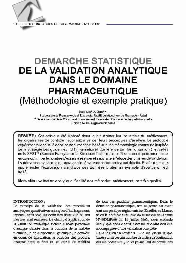 DEMARCHE STATISTIQUE DE LA VALIDATION ANALYTIQUE
