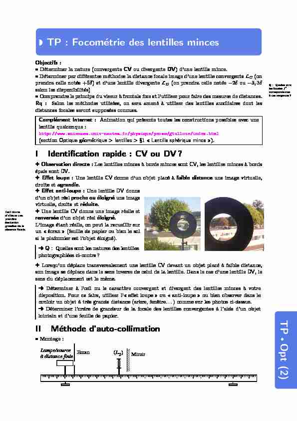 [PDF] TPO pt (2 ) TP : Focométrie des lentilles minces - I / Optique