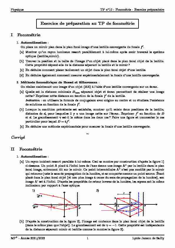 Exercice de préparation au TP de focométrie I Focométrie Corrigé II