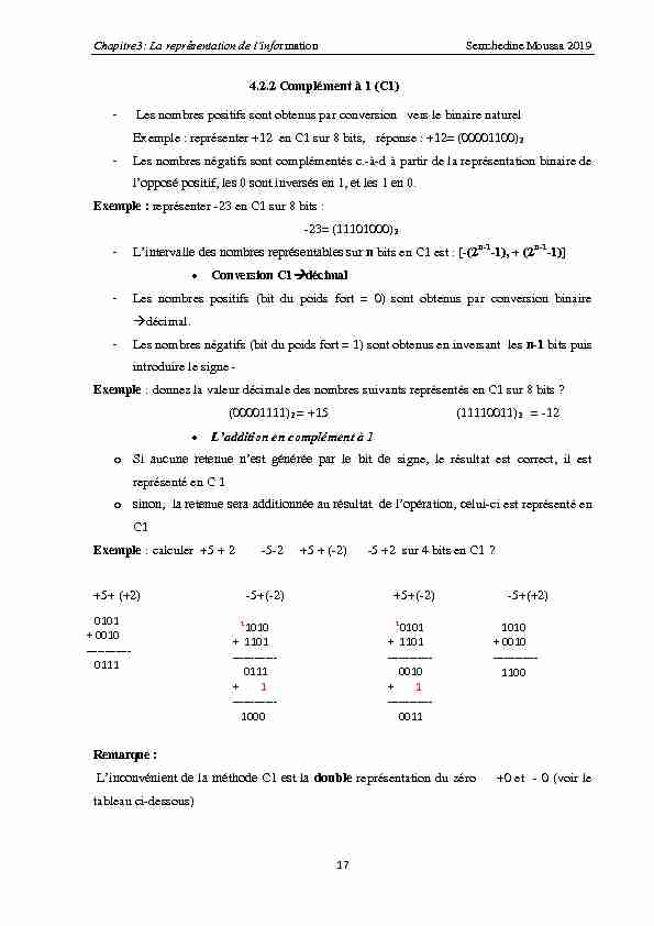 [PDF] 422 Complément à 1 (C1) - Les nombres positifs sont  - lmdmi