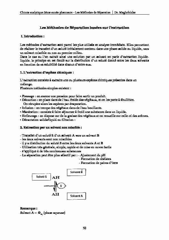 50 Les Méthodes de Séparation basées sur lextraction I. Introduction