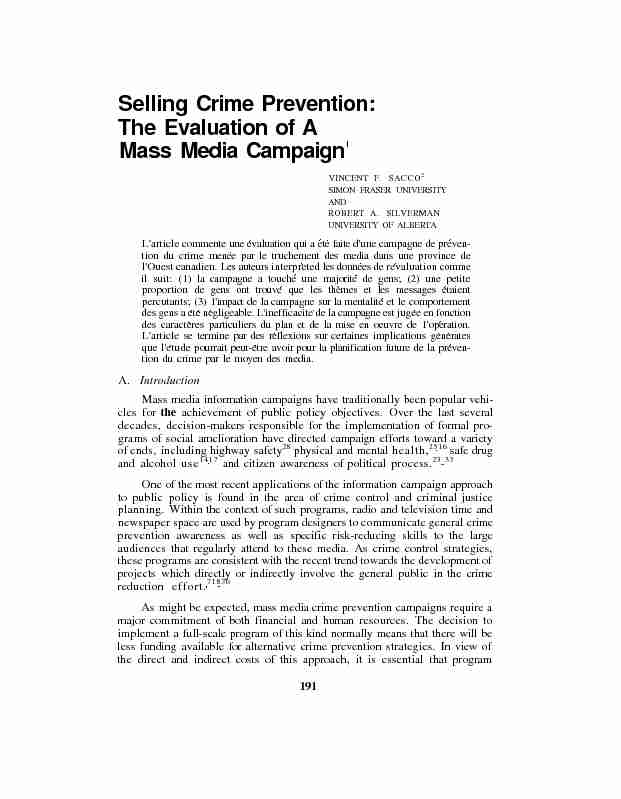 Selling Crime Prevention: The Evaluation of A Mass Media Campaign
