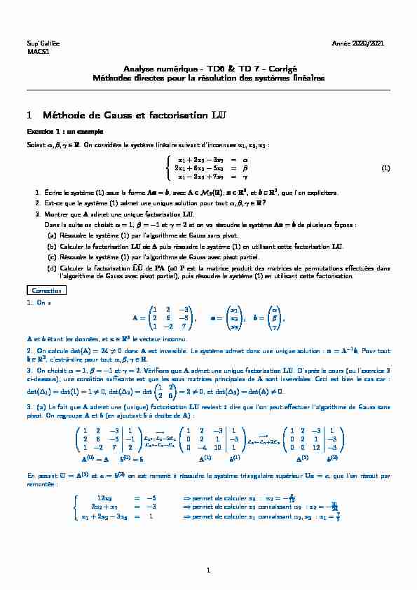 [PDF] 1 Méthode de Gauss et factorisation LU - mathuniv-paris13fr
