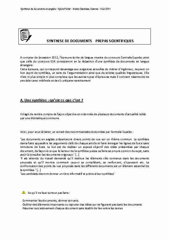 [PDF] SYNTHESE DE DOCUMENTS PREPAS SCIENTIFIQUES A Une