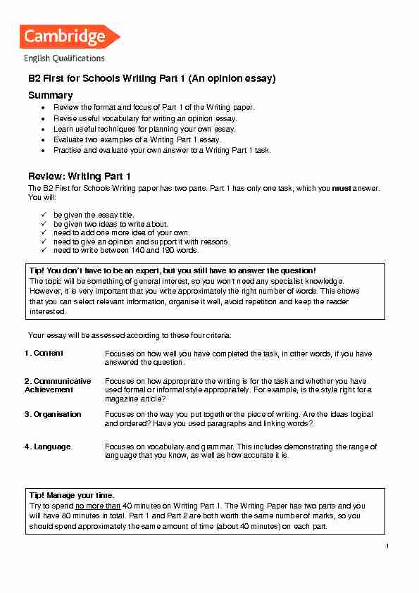 B2 First for Schools Writing Part 1 (An opinion essay) Summary