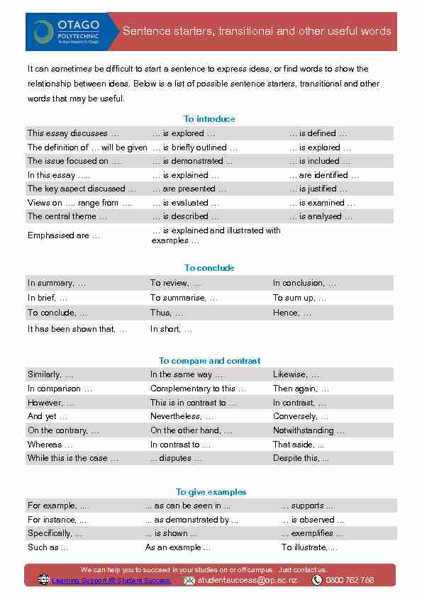 [PDF] Sentence starters, transitional and other useful words