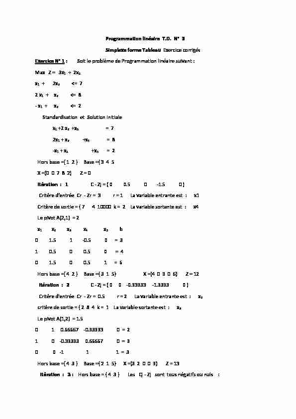 Programmation linéaire T.D. N° 3 Simplexe forme Tableau Exercice