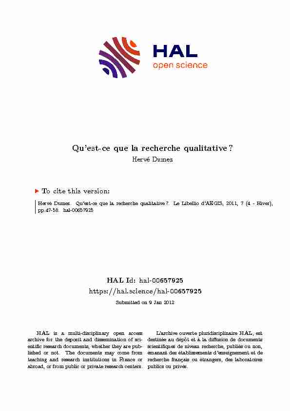 [PDF] Quest-ce que la recherche qualitative? - Archive ouverte HAL