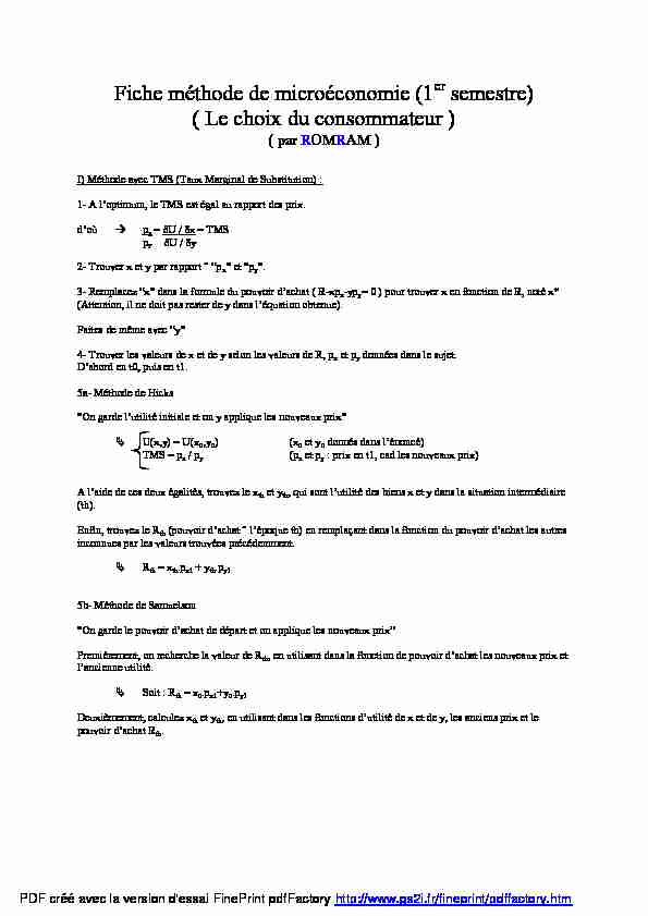 [PDF] Fiche méthode de microéconomie (1 semestre) ( Le choix du  - Free