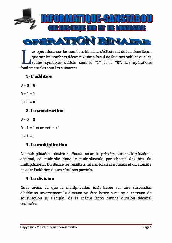 1- Laddition 2- La soustraction 3- La multiplication 4- La division