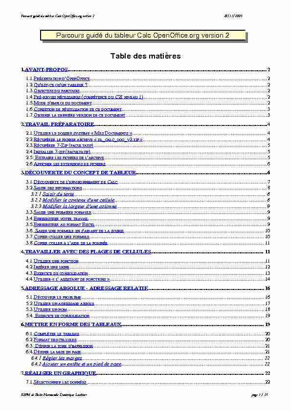Parcours guidé du tableur Calc OpenOffice.org version 2