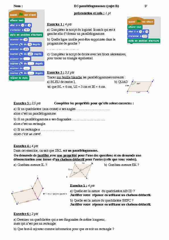 DS parallélogrammes (sujet B) 5e présentation et soin : 1 pt Exercice 1