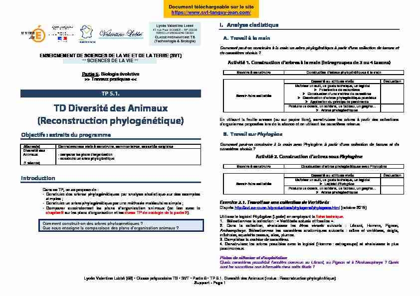 SVT TB TP 5.1. - Diversité des Animaux / Phylogénie - T. JEAN
