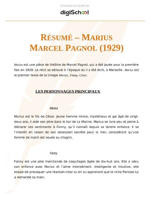 RÉSUMÉ – MARIUS MARCEL PAGNOL (1929)